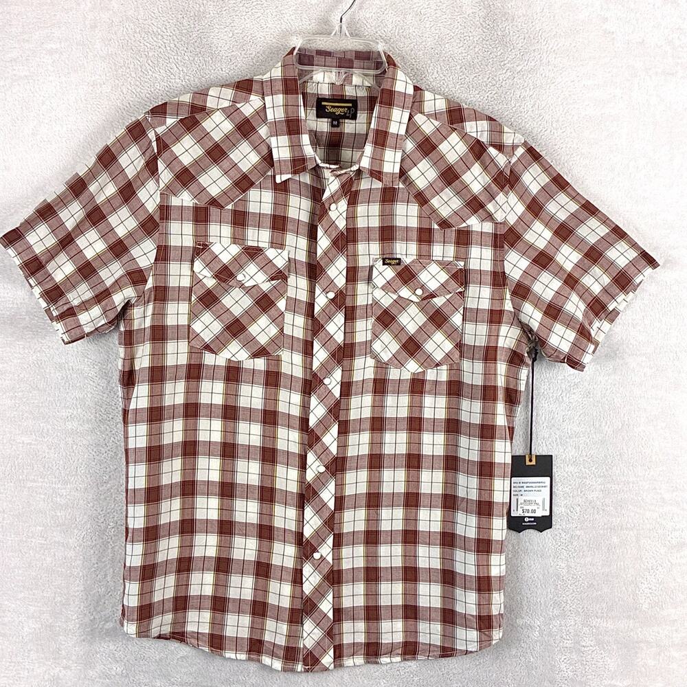 Seager Shirt Mens M White Brown Plaid Amarillo Pearl Snap Western Huckberry